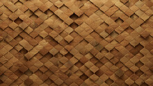 Wood Block Wall Background. Mosaic Wallpaper With Light And Dark Timber Arabesque Tile Pattern. 3D Render 