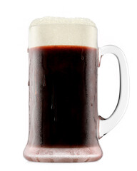 Frosty glass of fresh stout beer with bubble froth isolated on white background.