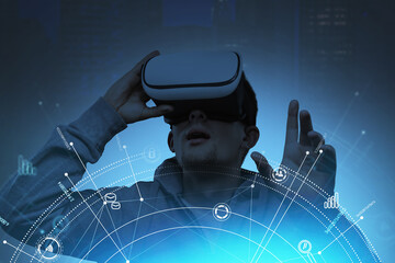 Aufkleber - Man in virtual reality glasses in global network