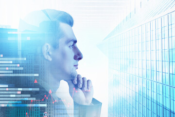 Poster - Side view of handsome businessman, low angle skyscraper downtown