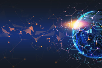 Poster - The Earth hexagons map over globe satellite. Planet connection through modern technology. Concept of GPS and Internet. Telecommunication in modern world. Elements of this image furnished by NASA.