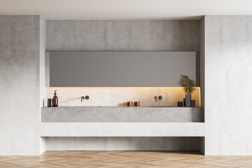 Light grey and wooden bathroom with two sinks and mirror, parquet floor