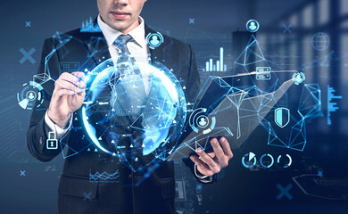 Poster - Young businessman with clipboard and pen, double exposure with earth globe hologram