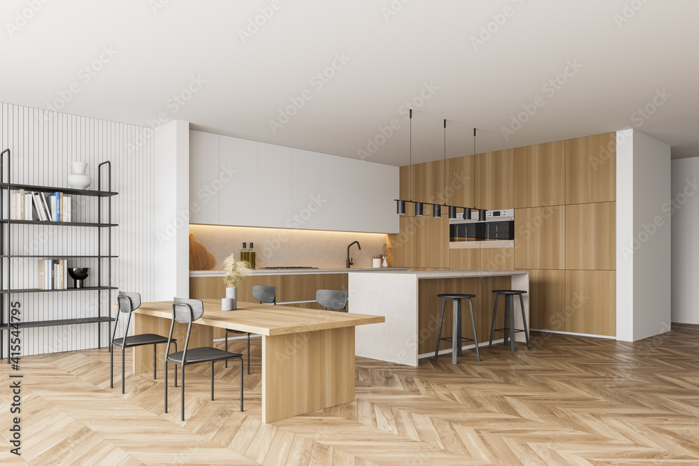 Wooden kitchen room with dining table and chairs, parquet floor - obrazy, fototapety, plakaty 