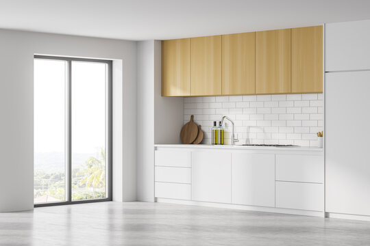 White wooden kitchen set with shelves and appliances, marble floor