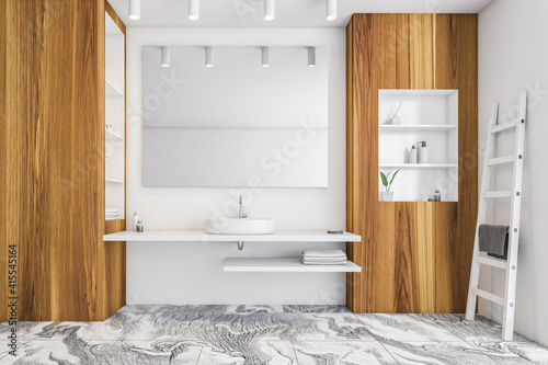 Obraz Dibond White and wooden bathroom with one sink and mirror near window
