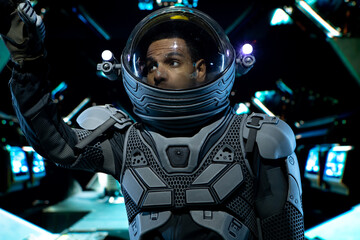 Wall Mural - portrait of african american black male astronaut fixing something inside spaceship cockpit. sci-fi 