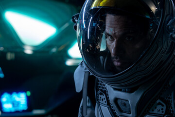 Wall Mural - portrait of african american black male astronaut inside spaceship cockpit. sci-fi space exploration