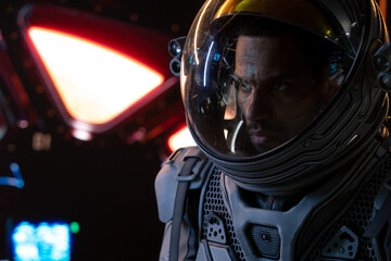 Wall Mural - portrait of african american black male astronaut inside spaceship cockpit. sci-fi space exploration