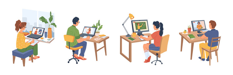 Aufkleber - Webinar, students learning online isolated flat cartoon characters. Vector distance or remote education on quarantine, man and woman study and pass exams at home. Video seminars and web tutorial