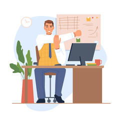 Poster - Employee or boss sitting by table with monitor and stretching. Personage reducing muscle soreness and tired feeling, exercises at workplace. Tiring project. Cartoon character, vector in flat style