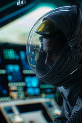Wall Mural - portrait of african american black male astronaut inside spaceship cockpit. sci-fi space exploration