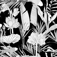 Tropical Exotic Floral Line Black White Palm Leaves And Flowers Seamless Pattern, Line Background. Exotic Jungle Wallpaper.	