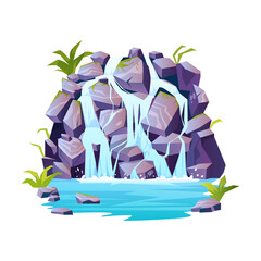 Wall Mural - Tropical waterfalls landscape, rocky mountain, river rapids cartoon icon. Vector topical or jungle scenery, nature fluid splashes and drops. Aqua cascades, rocky stones panorama, water purity