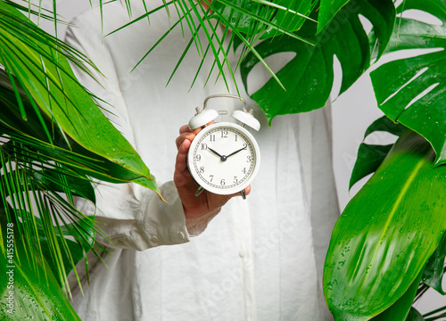 female hand holding alarm clock on background with palm leaves © Masson