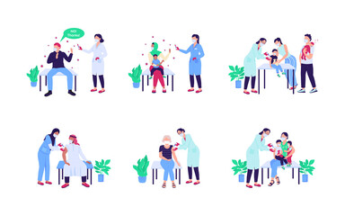 Poster - Patients receiving vaccine flat color vector faceless character set. Anti vax, no drug. Doctor visit. Health care isolated cartoon illustration for web graphic design and animation collection