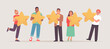 © tynyuk - Clients are evaluating a service. Positive user satisfaction rating. People are holding stars in their hands. Consumer product review. Feedback