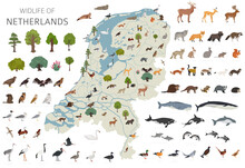 Flat Design Of Netherlands Wildlife. Animals, Birds And Plants Constructor Elements Isolated On White Set. Build Your Own Geography Infographics Collection