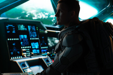 Wall Mural - portrait of caucasian male astronaut inside spaceship cockpit. sci-fi space exploration concept