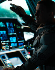 Wall Mural - portrait of caucasian male astronaut inside spaceship cockpit. sci-fi space exploration concept