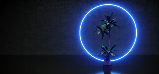 Wall Mural - Neon Glowing Blue Cyber Circle On Room Green Plant Concrete Dark Wall Floor Glossy Realistic Virtrual Modern Club Fashion 3D Rendering