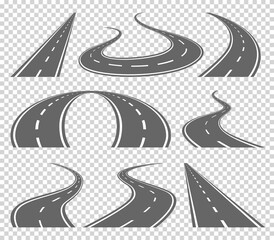 Winding curved road or highway with markings. Direction, transportation set. illustration