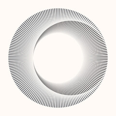 Circle from radial lines as icon or logo. Halftone black design element on white background.