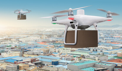 Poster - Drones with a packages flying under industrial park. Unmanned delivery concept	