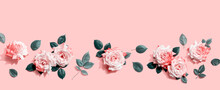 Pink Roses With Green Leaves Overhead View - Flat Lay