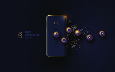 Poster - Mobile ui ux, korbon and gold concept. Mobile phone with a mobile app interface consisting of blocks and icons on a black background. User experience, User interface. Vector illustration 3D style.