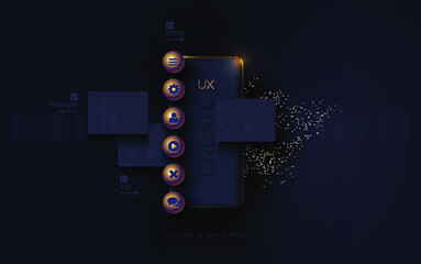 Fototapete - Mobile ui ux, korbon and gold concept. Mobile phone with a mobile app interface consisting of blocks and icons on a black background. User experience, User interface. Vector illustration 3D style.