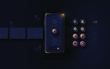 Poster - Mobile ui ux, korbon and gold concept. Mobile phone with a mobile app interface consisting of blocks and icons on a black background. User experience, User interface. Vector illustration 3D style.