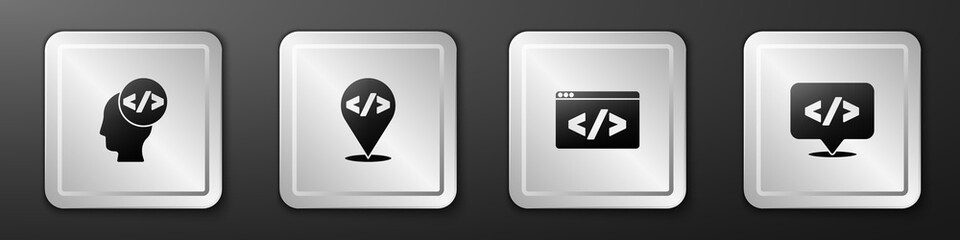 Set Front end development, , and icon. Silver square button. Vector.