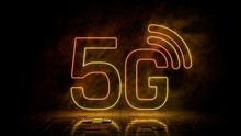 Orange And Yellow Neon Light 5G Icon. Vibrant Colored Technology Symbol, Isolated On A Black Background. 3D Render 