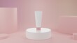 © woey - 3D rendering Cosmetic product: A white tube with pink lid stand on the white podium with pink geometric background
