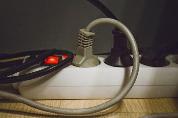 Connection in electric devices in an extension cord, close-up.