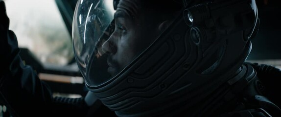 Wall Mural - cu portrait of african american black male astronaut inside spaceship cockpit. sci-fi space explorat