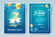 7th years birthday vector invitation double card. Seven years anniversary celebration brochure. Template of invitational for print on blue background