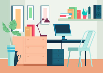 Wall Mural - Home workplace interior furniture living room concept. Vector cartoon flat graphic design illustration