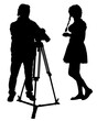 Young woman holds a camera in her hand. Isolated silhouettes of people on a white background