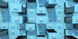 Archive file cabinets blue color background. Open drawers. 3d illustration