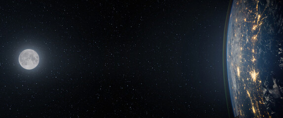 Wall Mural - full moon. and planet earth against the background of the starry night sky. space background with ea