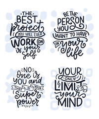 Wall Mural - Set with lettering slogans about be yourself. Funny quotes for blog, poster and print design. Modern calligraphy texts about selfcare. Vector