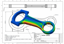 3D Illustration. Isometric Facing Left View Von Mises Engineering Stress Plot Of An Engine Connecting Rod On Technical Drawing