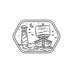 Poster - Ship and lighthouse badge monoline design illustration vector