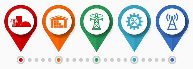 Poster - Industry, power and energy vector icon set, flat design pointers, infographic template