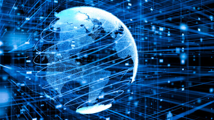 Global online internet network and internet of things IOT concept presented in 3D rendering computer graphic of cyberspace. Communication and information technology development for digital lifestyle.