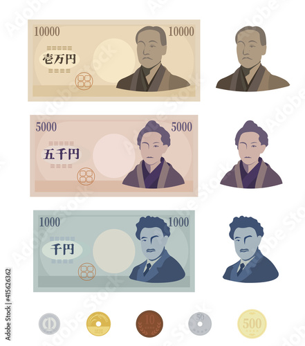 デフォルメされた日本のお金イラストセット 紙幣 硬貨 偉人 Stock Vector Adobe Stock