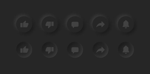 Poster - Neumorphic UI UX Design Elements Vector Buttons Like Dislike Comment Share Notifications On Abstract Dark Background. Active And Inactive Social Media Icons Neumorphism Material Design Dark Version