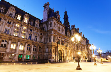 Poster - City Hall in Paris at night - building housing City of Paris administration. France